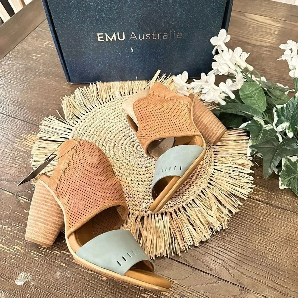 EMU Australia Sarabah Womens Cow Tan Teal Leather Perforated Sandals sz 8.5 NEW
